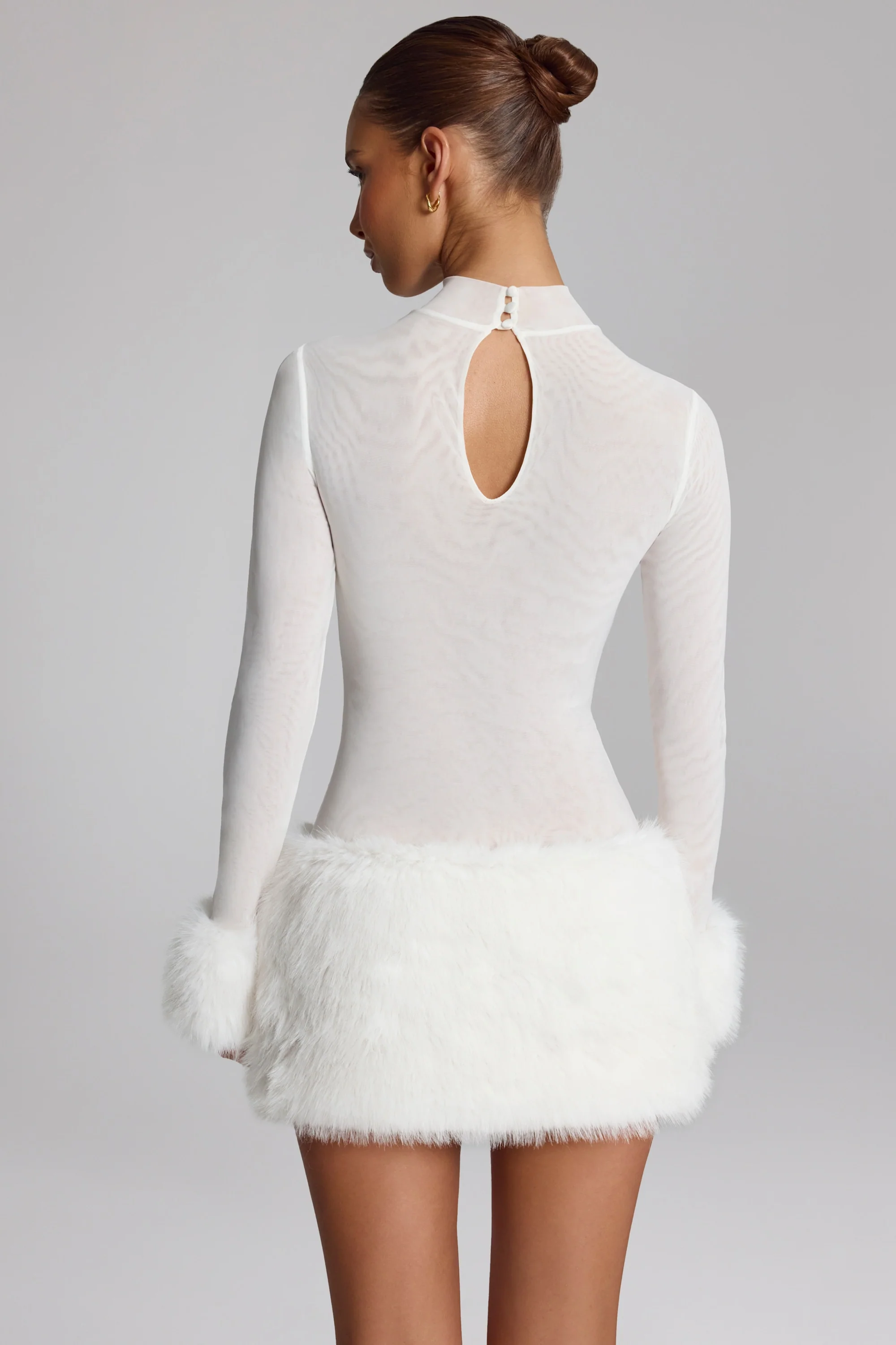 Faux Fur-Trim Turtleneck Mini Dress in White