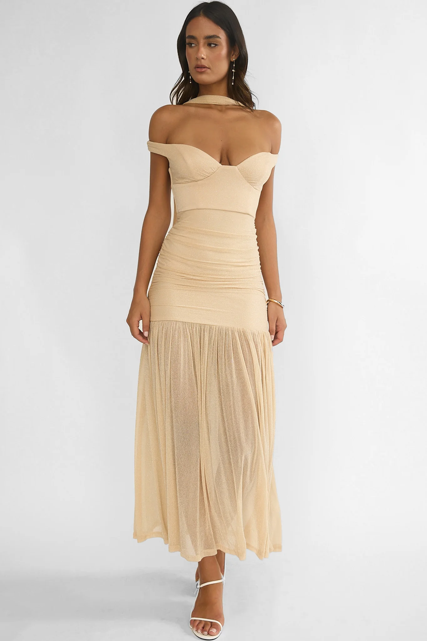Delora Off-Shoulder Scarf Maxi Dress Beige