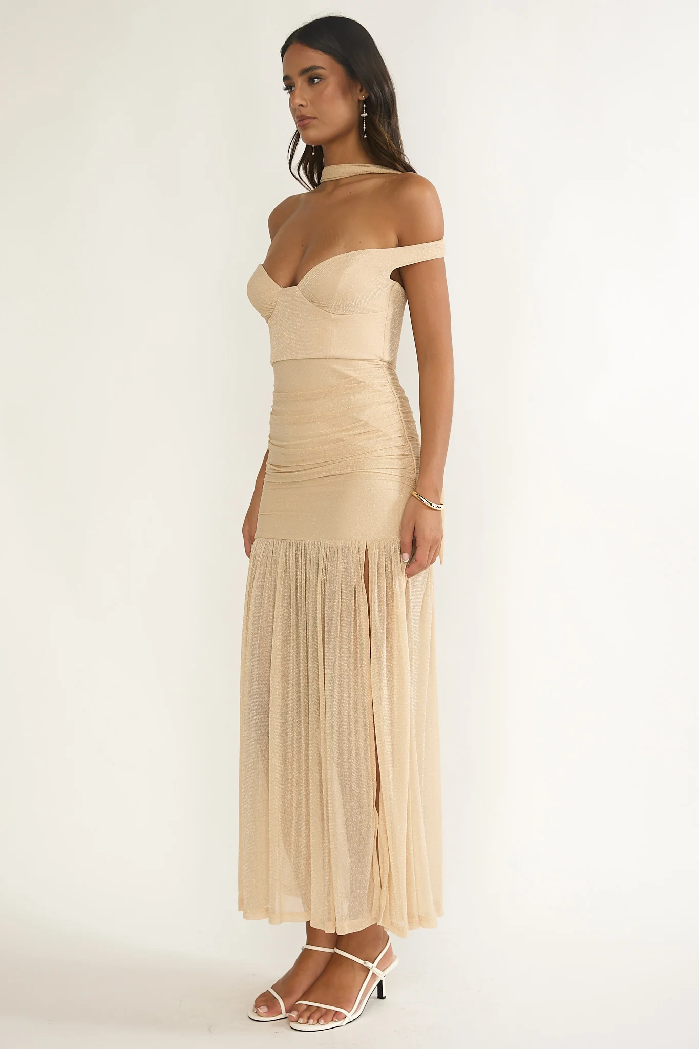 Delora Off-Shoulder Scarf Maxi Dress Beige