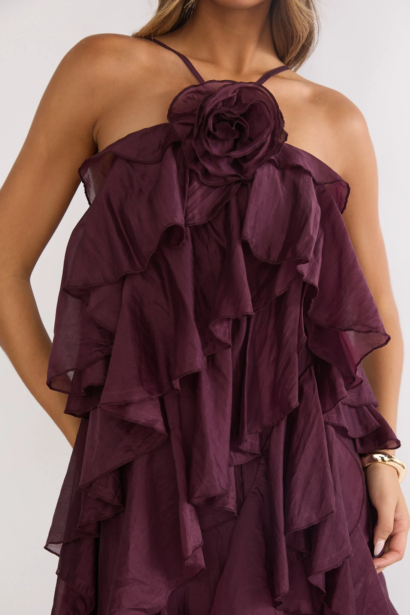 Secret Rendezvous Layered Ruffle Maxi Dress Maroon