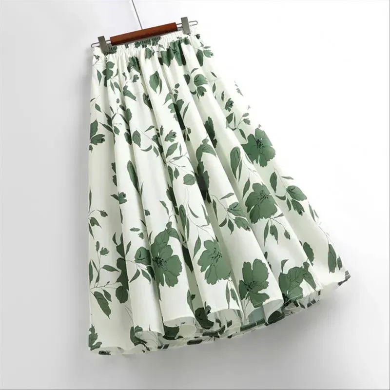 Women Elegant Floral A-line Skirt  High Quality Elastic Waist Slim Temperament Casual Lady Summer All-match Skirt Fashion