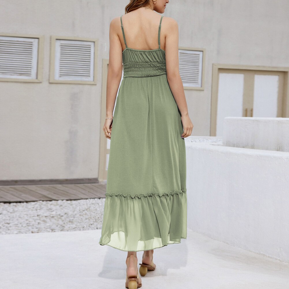 Women Backless Spaghetti Straps Maxi Dress Ruched Bodice Smocked Waist Camis A-line Dress Dress Casual Ladies Vestdio