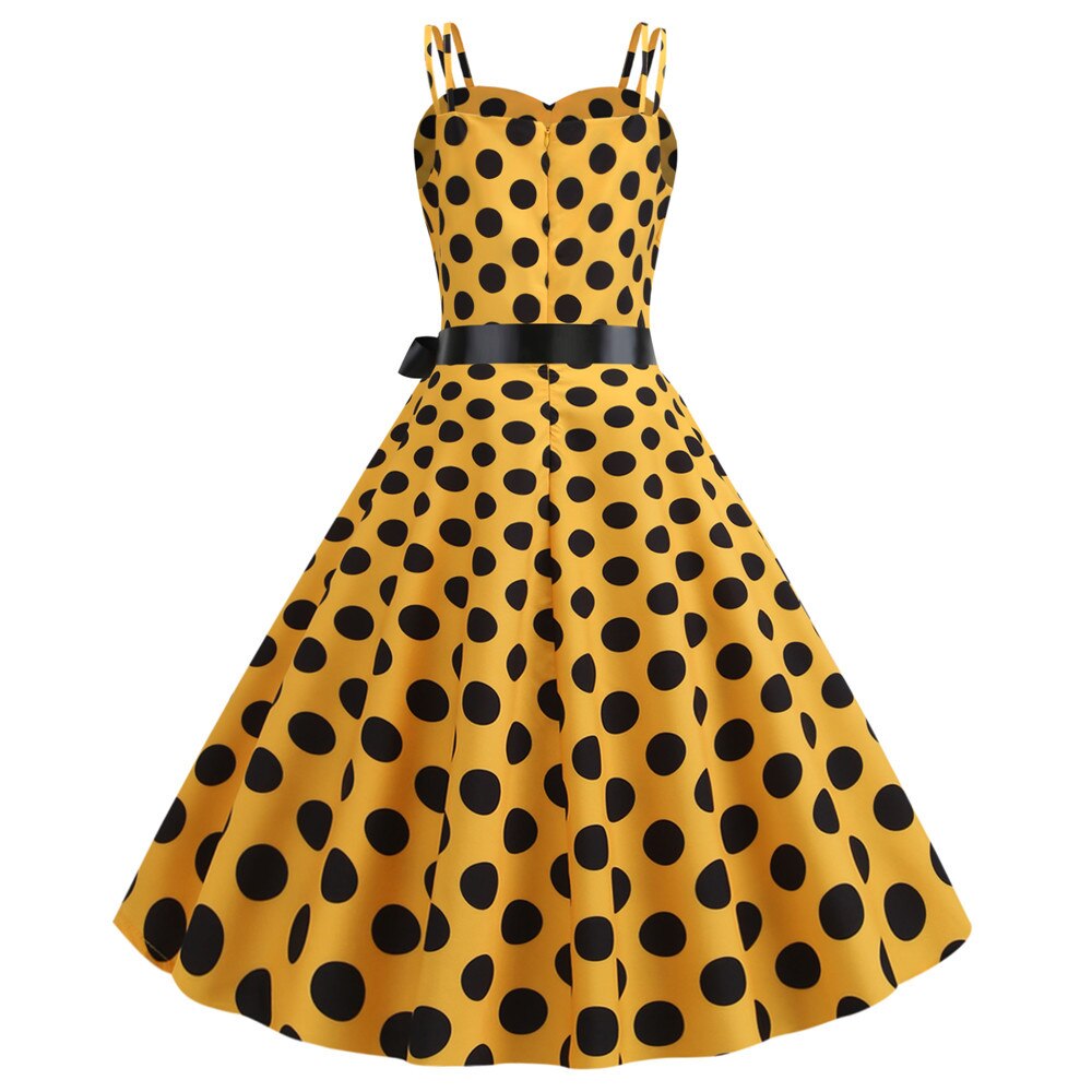 Yellow Polka Dot Vintage Summer Dresses Women Chic Pinup Robe Sexy Spaghetti Strap Party Rockabilly Dress Swing Sundresses