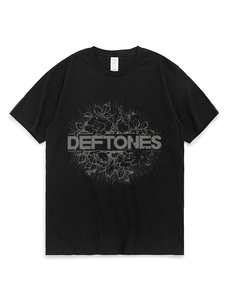 Women Fashion Floral and Deftones Skull Graphic T-shirts Black Short Sleeve Tops O-neck Plus Size Loose Street Fashion T-shirts