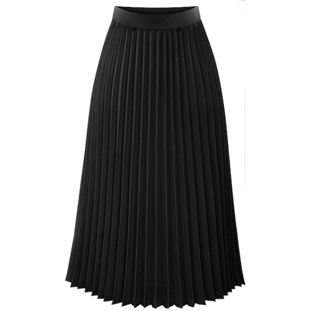 Vintage Skirts Womens 2021 Solid Pleated Pleated Black Skirt Elegant Midi Elastic Waist Maxi Skirt