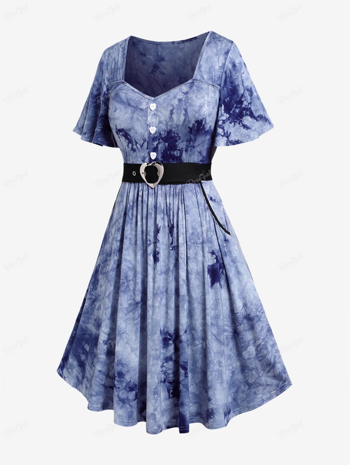 Plus Size Tie Dye Heart Buttons Buckle Dress Spring.Summer Casual Square Collar Midi Dress For Women Streetwear Vestidos