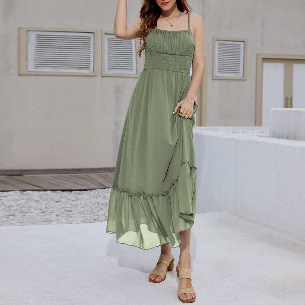 Women Backless Spaghetti Straps Maxi Dress Ruched Bodice Smocked Waist Camis A-line Dress Dress Casual Ladies Vestdio