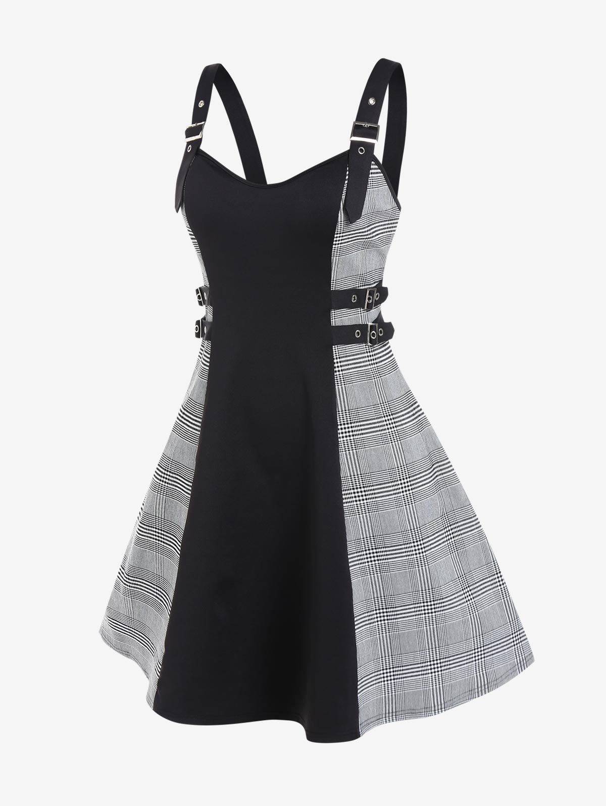 Women Vintage Dresses Plaid Buckles High Waist Sleeveless Backless Knee Length Dress Adjustable Shoulder Strap Vestidos