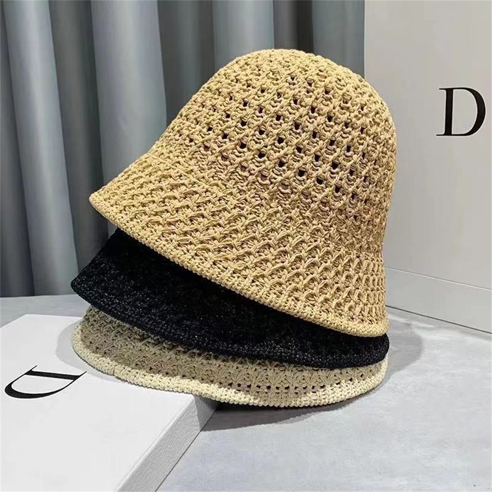 Ladies Summer Sun Hats Wide Brim Beach Cap Ventilation Breathable Fisherman Hats Soft Sun Hats Bucket Hat Hollow Knitted Hat
