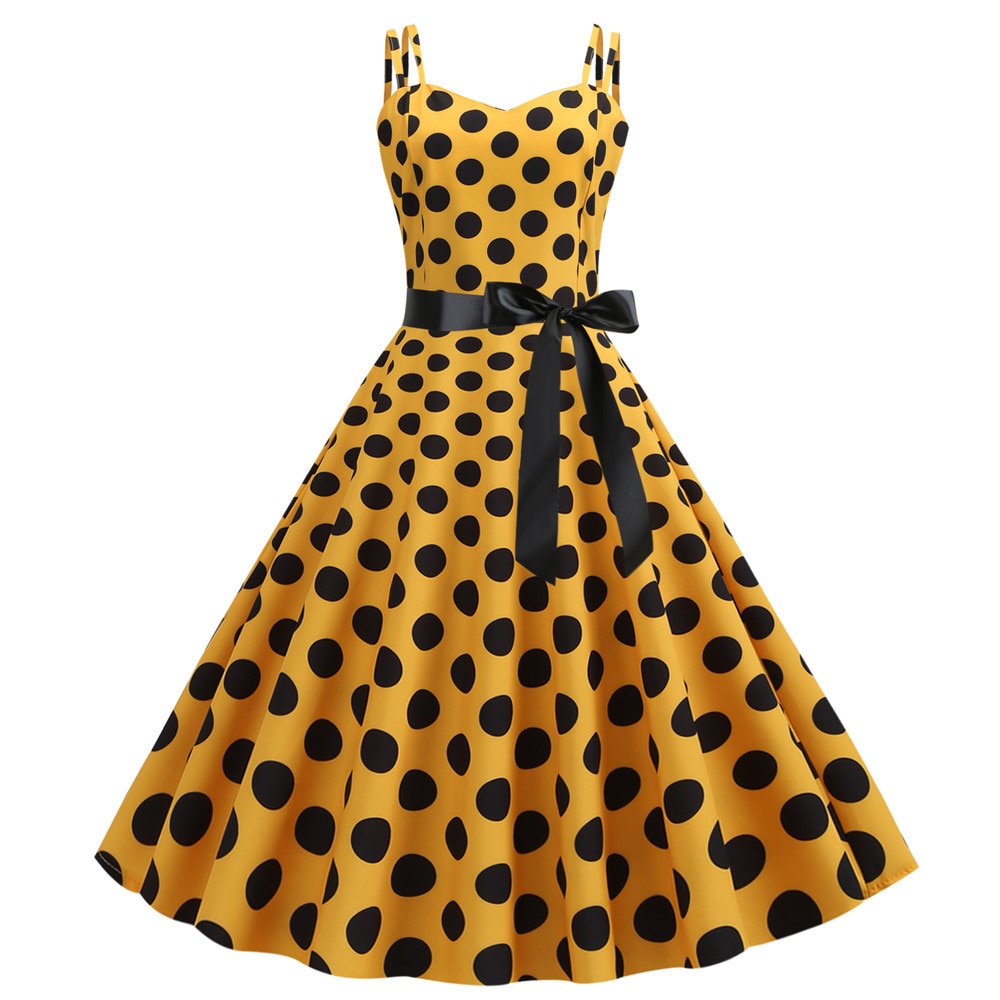 Yellow Polka Dot Vintage Summer Dresses Women Chic Pinup Robe Sexy Spaghetti Strap Party Rockabilly Dress Swing Sundresses