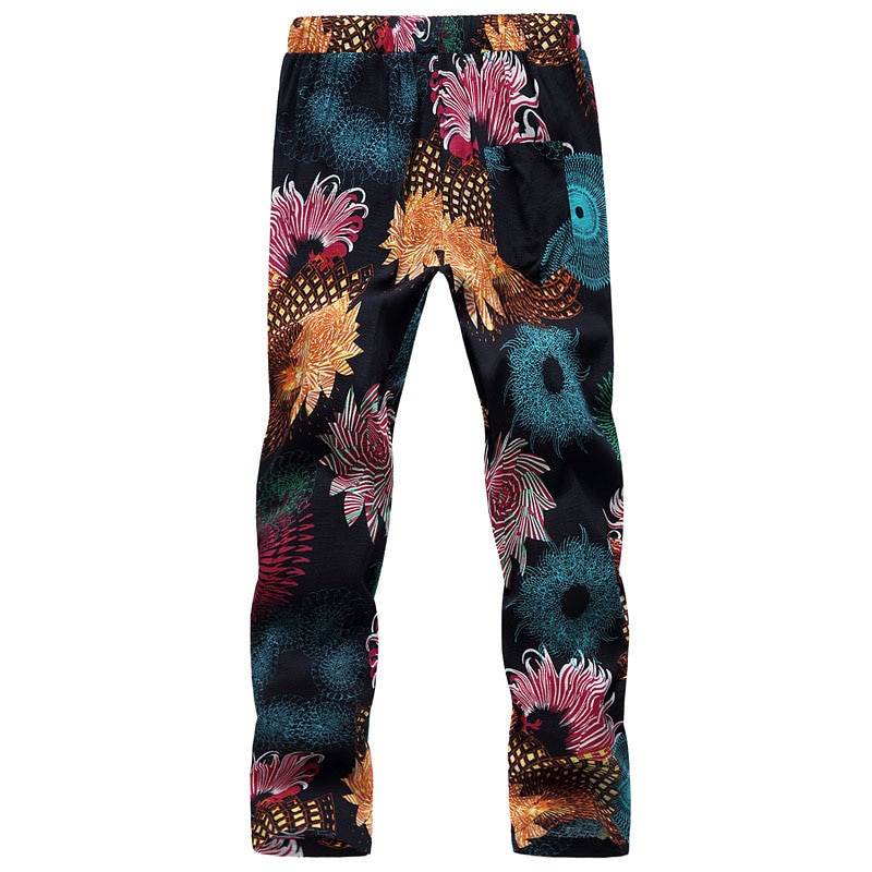 Retro Graphic Print Trousers Bohemian Style Mens Drawstring Straight Pants Summer Casual Slim Beach Vacation Pant For Men Fall
