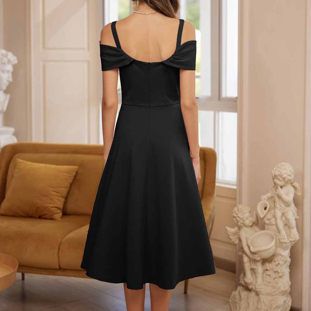 Women Off Ther Shoulder Flared A-Line Dress Irregular High-low Hem Party Dress Elegant Lady Defined Waist Dress Trendy Solid