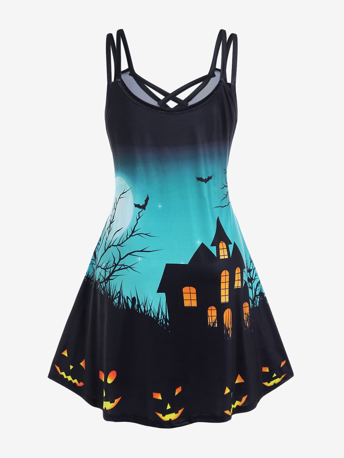 Plus Size Women V-Neck Dresses Gothic Halloween Pumpkin Bats Printed Crisscross Knee Length Dress Vestidos Black 5XL