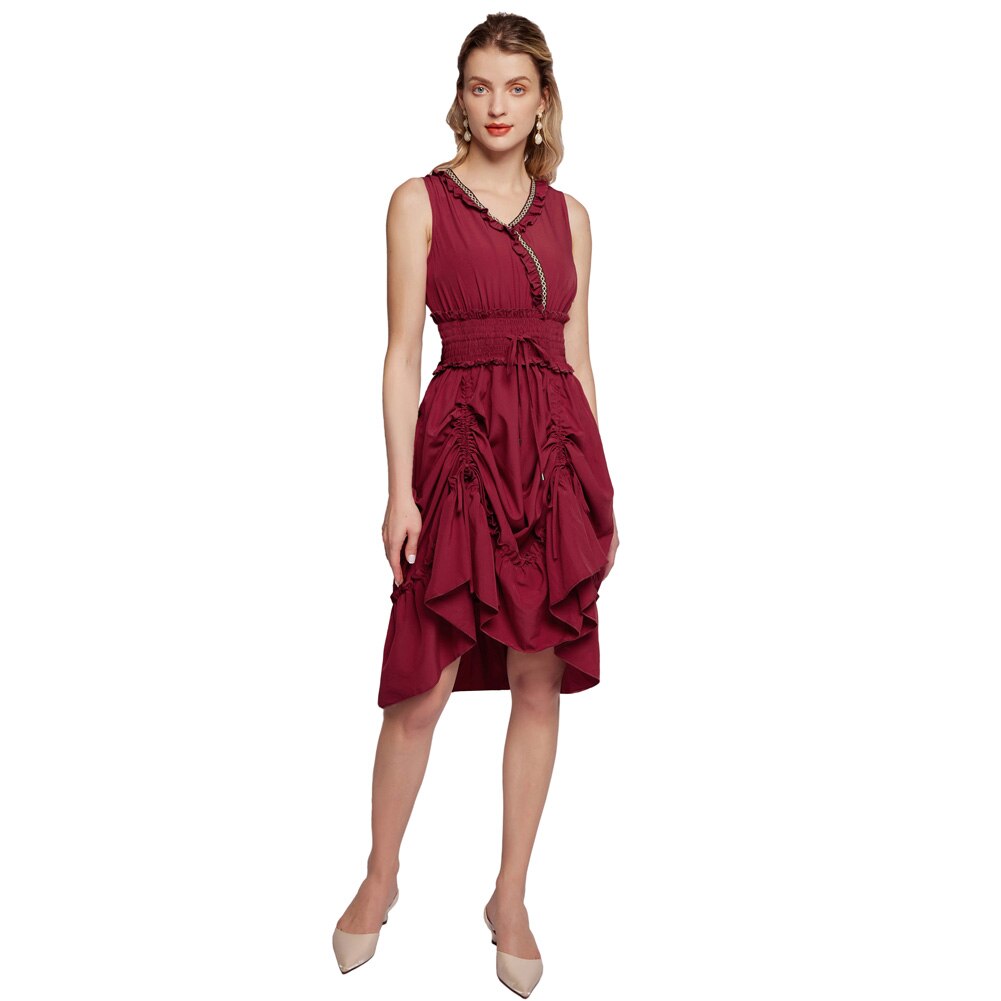 Women Renaissance Flared A-Line Dress Vintage Lady Sleeveless V-Neck Smocked Waist Dress With Drawstring Female Steampunk