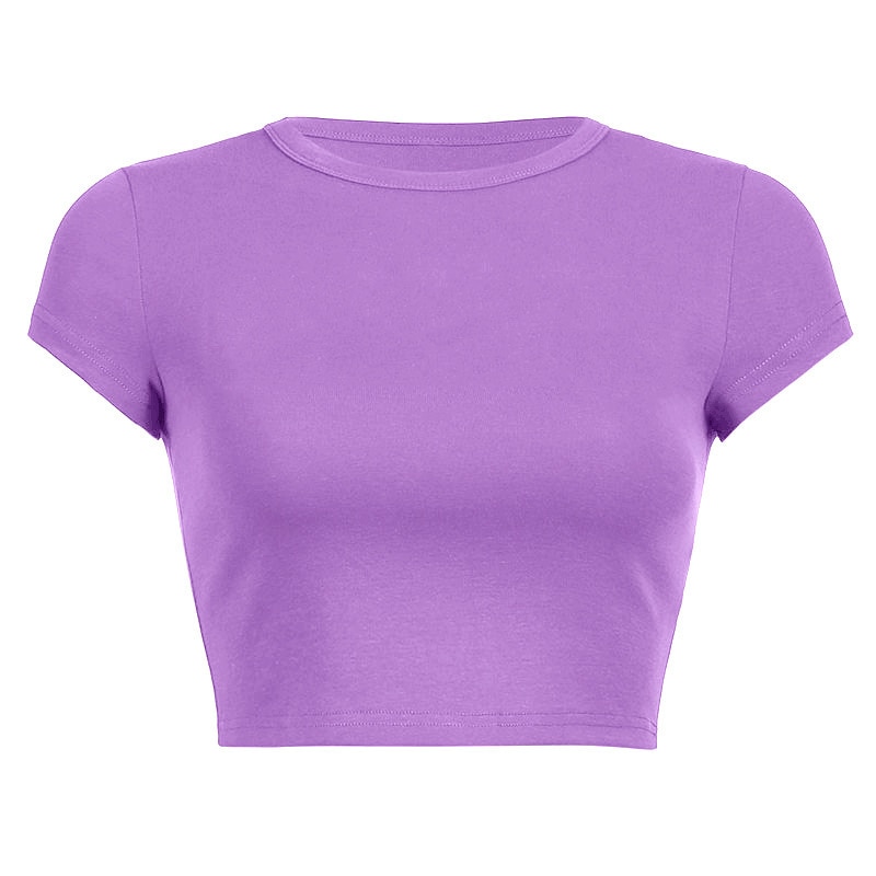 Sweet Purple Short Sleeve Women Casual T Shirts Basic O Neck All Match Crop Top Soft Bodycon Korean Fashion Tees Blouse