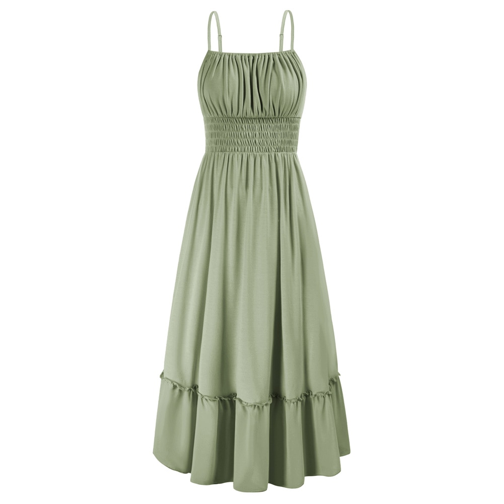 Women Backless Spaghetti Straps Maxi Dress Ruched Bodice Smocked Waist Camis A-line Dress Dress Casual Ladies Vestdio