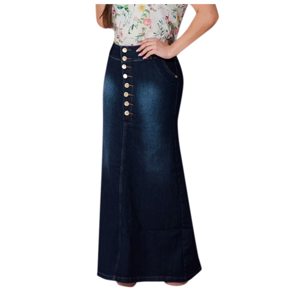 Women's Turmput Demin Skirts Fashion Casual Solid Button Washed Denim Ankle-length Skirts Autumn Ladies Long Jean Skirt Wholesal