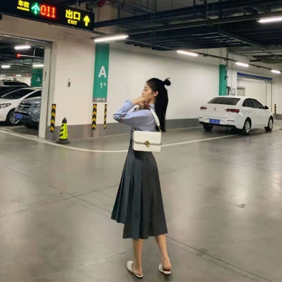 Summer Fashion Brand Pleated Skirt Women Preppy Style Split Mid-calf Skirts Lady Empire Falda Gray Blue JK Uniform Jupe Femme