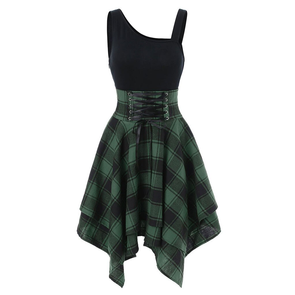 Plaid Dress Women Summer Sleeveless Cold Shoulder Cross Irregular Dress Elegant Streetwear Casual Mini Vestido