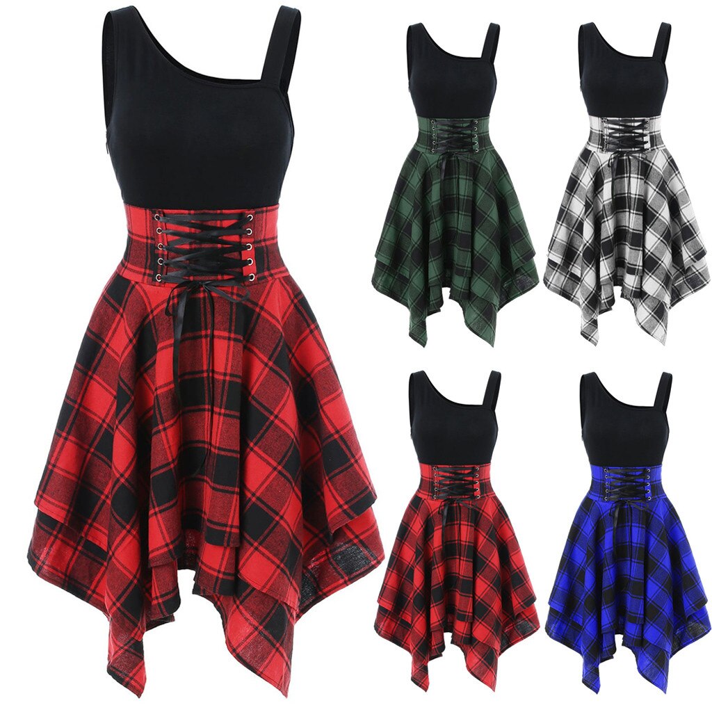 Plaid Dress Women Summer Sleeveless Cold Shoulder Cross Irregular Dress Elegant Streetwear Casual Mini Vestido