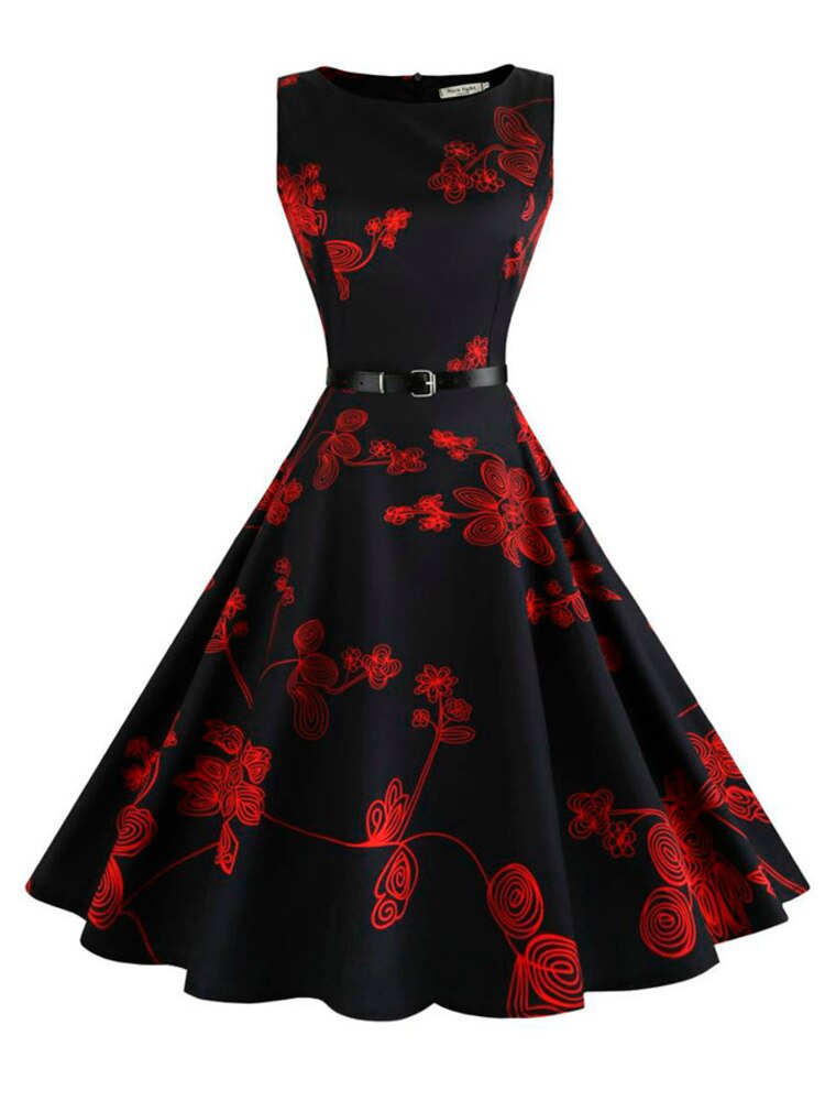 Summer Women Dresses Casual Floral Vintage 50 60s Robe Rockabilly Swing Pinup Vestidos O-Neck Party Dress Print Belts