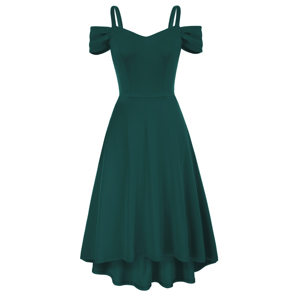 Women Off Ther Shoulder Flared A-Line Dress Irregular High-low Hem Party Dress Elegant Lady Defined Waist Dress Trendy Solid