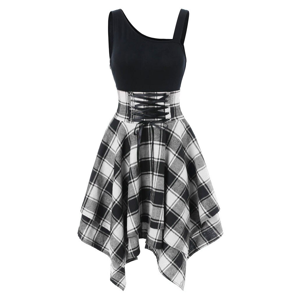 Plaid Dress Women Summer Sleeveless Cold Shoulder Cross Irregular Dress Elegant Streetwear Casual Mini Vestido