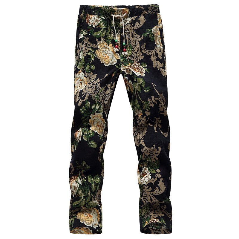 Retro Graphic Print Trousers Bohemian Style Mens Drawstring Straight Pants Summer Casual Slim Beach Vacation Pant For Men Fall