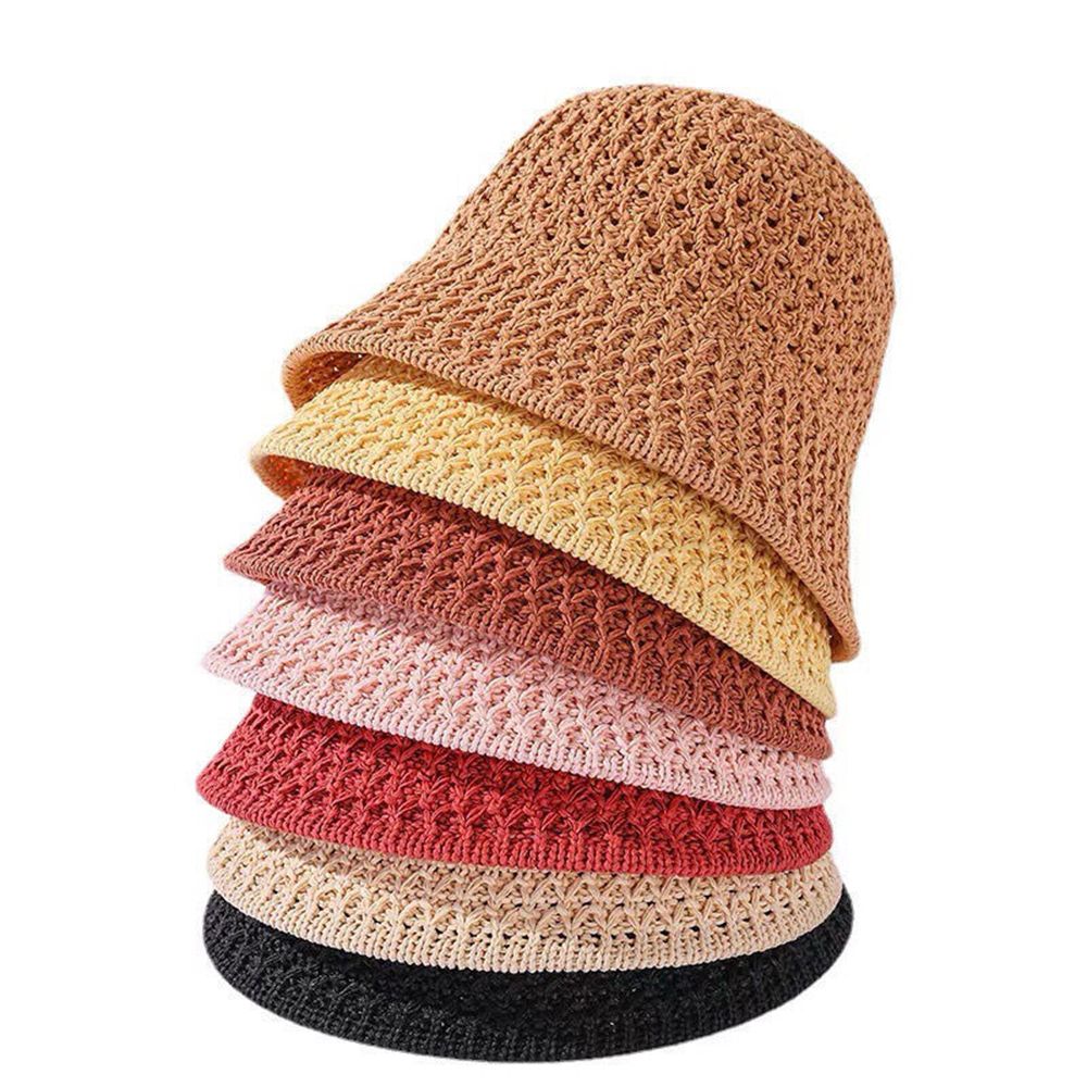 Ladies Summer Sun Hats Wide Brim Beach Cap Ventilation Breathable Fisherman Hats Soft Sun Hats Bucket Hat Hollow Knitted Hat