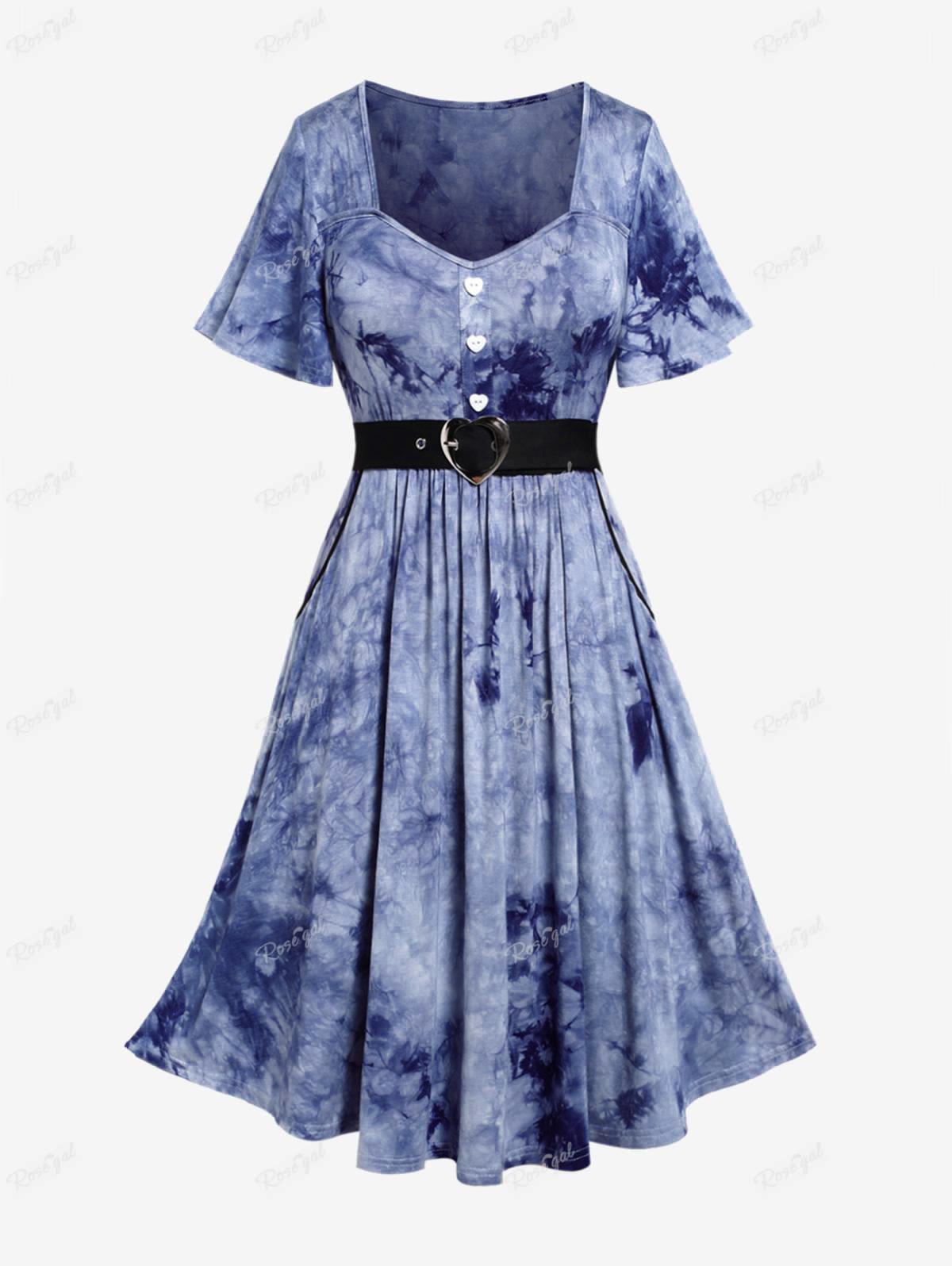 Plus Size Tie Dye Heart Buttons Buckle Dress Spring.Summer Casual Square Collar Midi Dress For Women Streetwear Vestidos