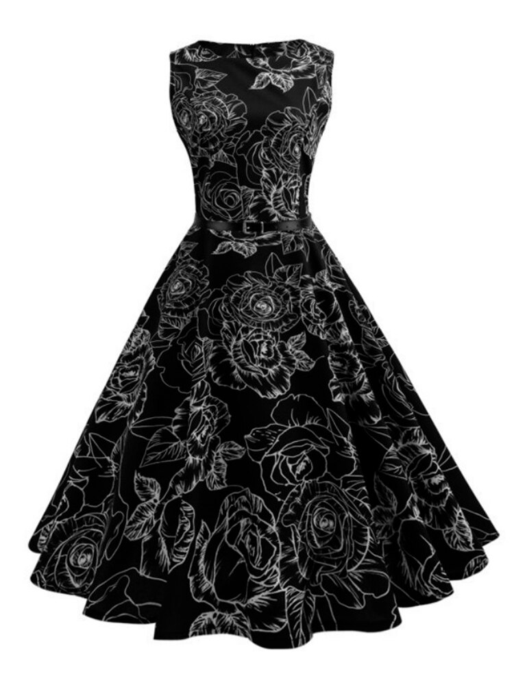 Summer Women Dresses Casual Floral Vintage 50 60s Robe Rockabilly Swing Pinup Vestidos O-Neck Party Dress Print Belts
