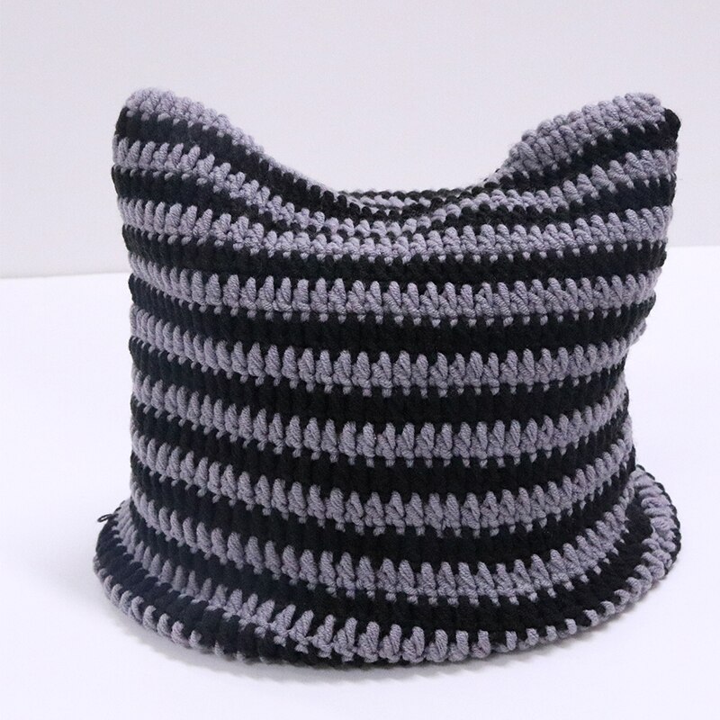 Cute Cat Ears Beanie Hats for Women Winter Striped Korean Punk Gothic Y2K Wool Knitted Streetwear Handmade Crochet Bucket Cap