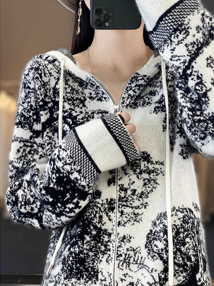 23 New Style Woman's Sweater Autumn Winter Long Sleeve Hooded Jumper Female Cardigan Casual Coat Zipper Jacket 100% Wool Knitted
