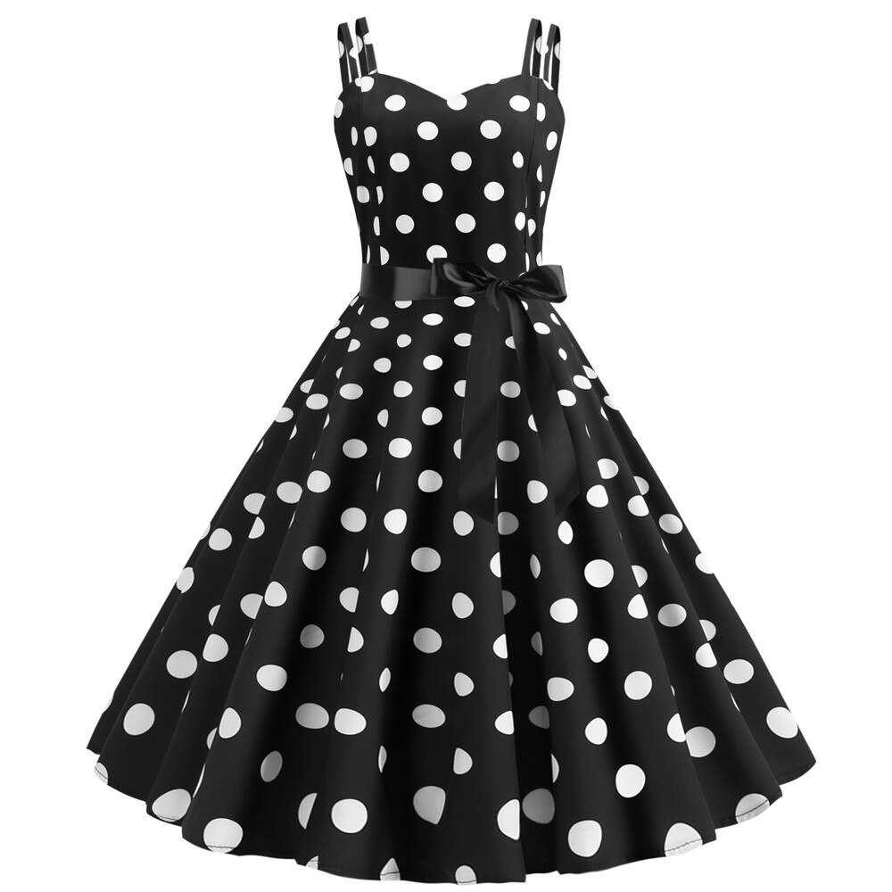 Yellow Polka Dot Vintage Summer Dresses Women Chic Pinup Robe Sexy Spaghetti Strap Party Rockabilly Dress Swing Sundresses