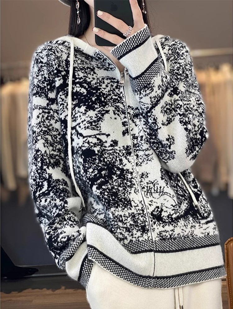 23 New Style Woman's Sweater Autumn Winter Long Sleeve Hooded Jumper Female Cardigan Casual Coat Zipper Jacket 100% Wool Knitted