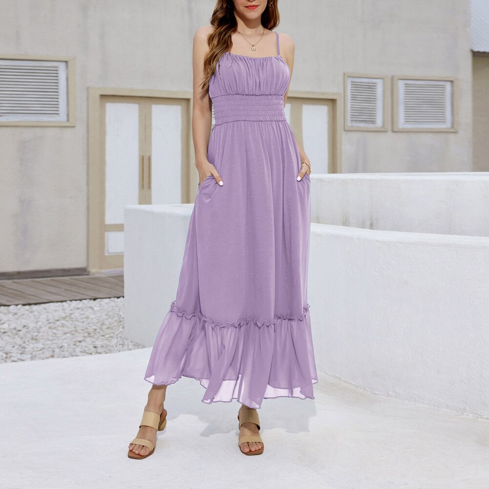 Women Backless Spaghetti Straps Maxi Dress Ruched Bodice Smocked Waist Camis A-line Dress Dress Casual Ladies Vestdio