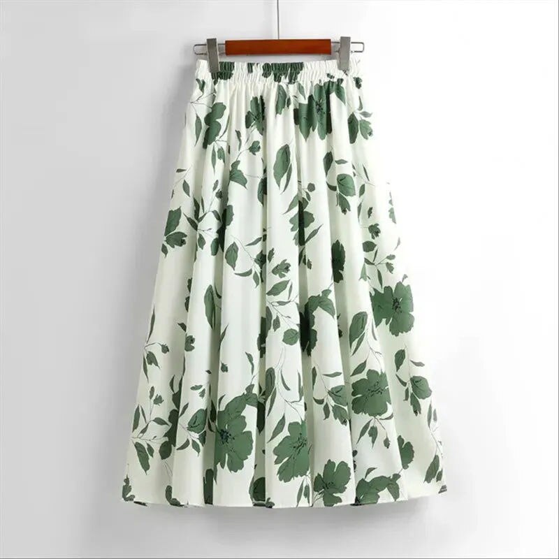 Women Elegant Floral A-line Skirt  High Quality Elastic Waist Slim Temperament Casual Lady Summer All-match Skirt Fashion