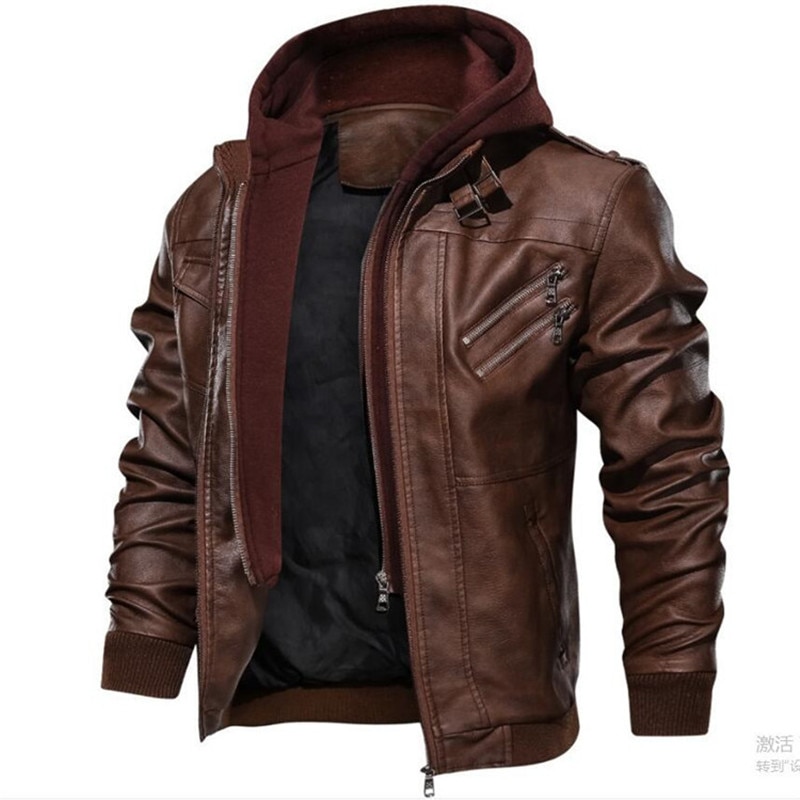 European size fashion high-end leather clothing vintage locomotive PU leather jacket detachable men's hoodie coat