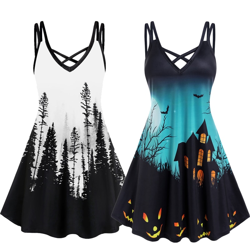 Plus Size Women V-Neck Dresses Gothic Halloween Pumpkin Bats Printed Crisscross Knee Length Dress Vestidos Black 5XL