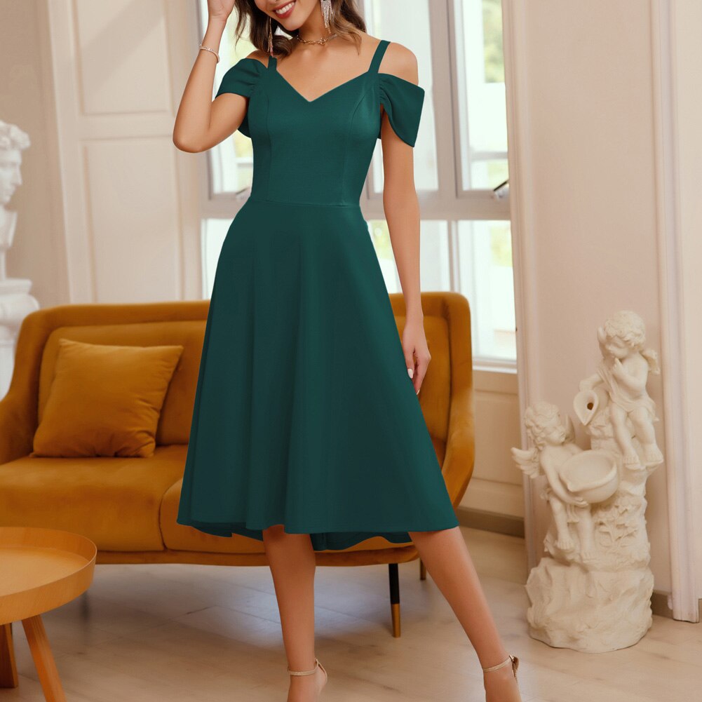 Women Off Ther Shoulder Flared A-Line Dress Irregular High-low Hem Party Dress Elegant Lady Defined Waist Dress Trendy Solid