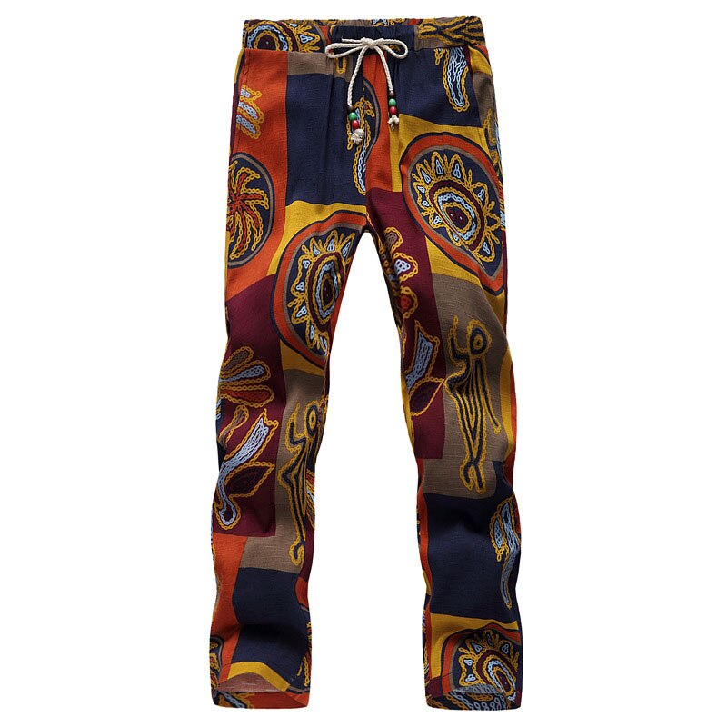 Retro Graphic Print Trousers Bohemian Style Mens Drawstring Straight Pants Summer Casual Slim Beach Vacation Pant For Men Fall