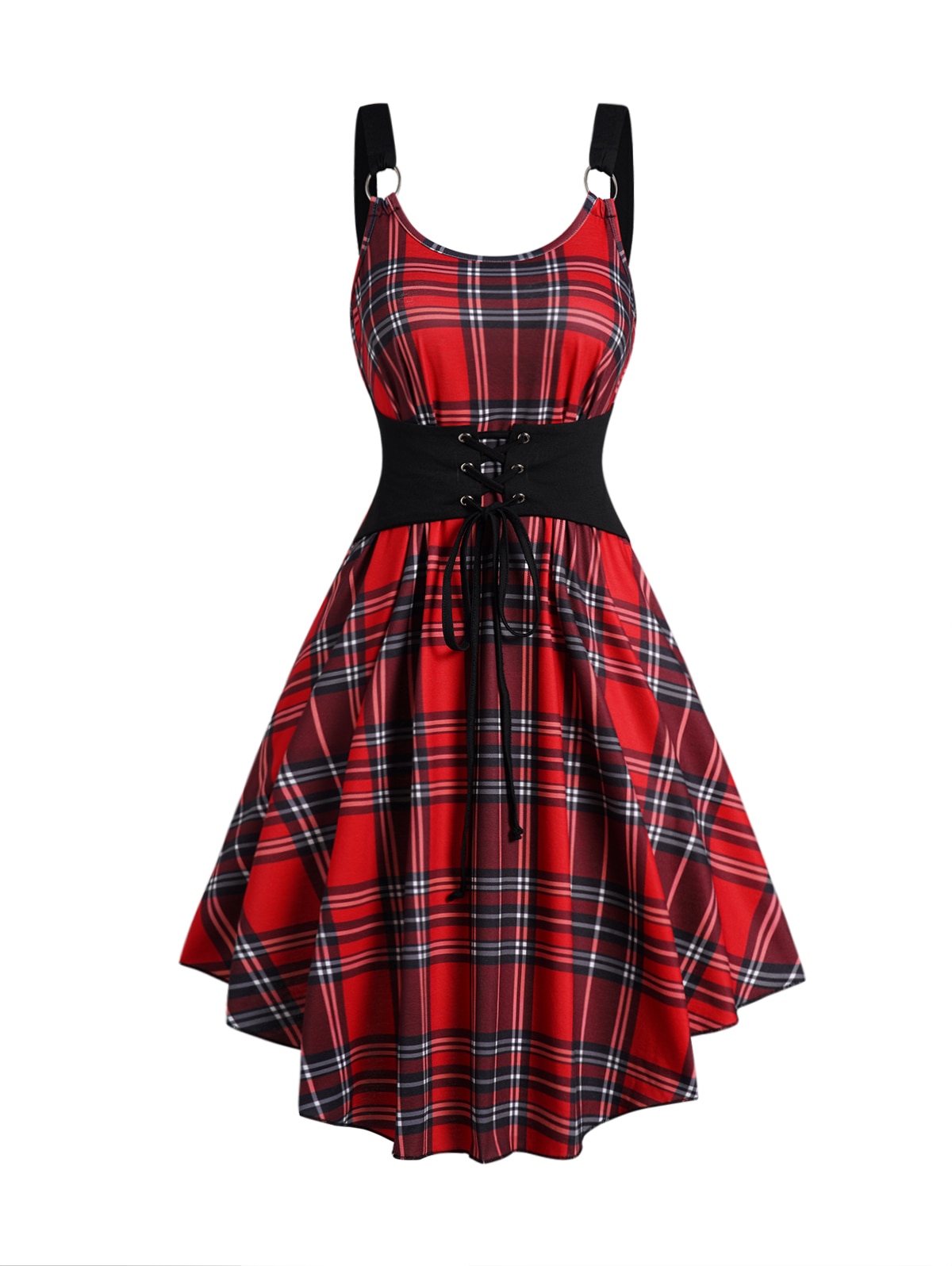 Women A Line Plaid Summer Plaid Print Lace Up Cami Dress For Women O Ring Curved Hem Scoop Neck Robe 2023