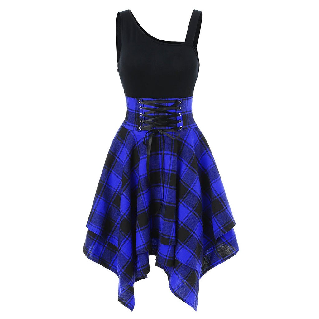 Plaid Dress Women Summer Sleeveless Cold Shoulder Cross Irregular Dress Elegant Streetwear Casual Mini Vestido