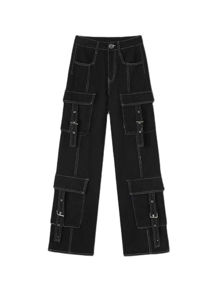 Baggy Jeans Women Cargo Pants Vintage High Waist Streetwear Denim Pants Black Gothic Clothes Pockets Straight Wide Leg Trousers