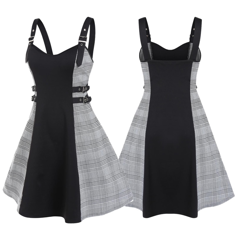 Women Vintage Dresses Plaid Buckles High Waist Sleeveless Backless Knee Length Dress Adjustable Shoulder Strap Vestidos