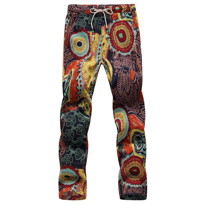 Retro Graphic Print Trousers Bohemian Style Mens Drawstring Straight Pants Summer Casual Slim Beach Vacation Pant For Men Fall
