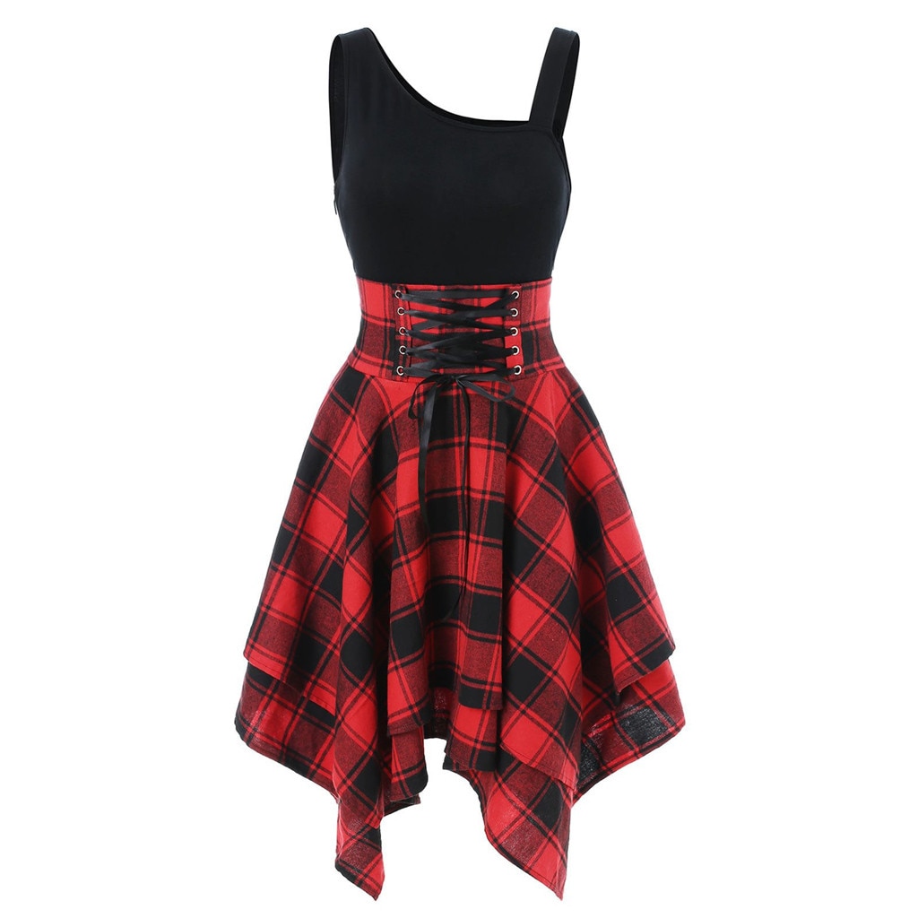 Plaid Dress Women Summer Sleeveless Cold Shoulder Cross Irregular Dress Elegant Streetwear Casual Mini Vestido