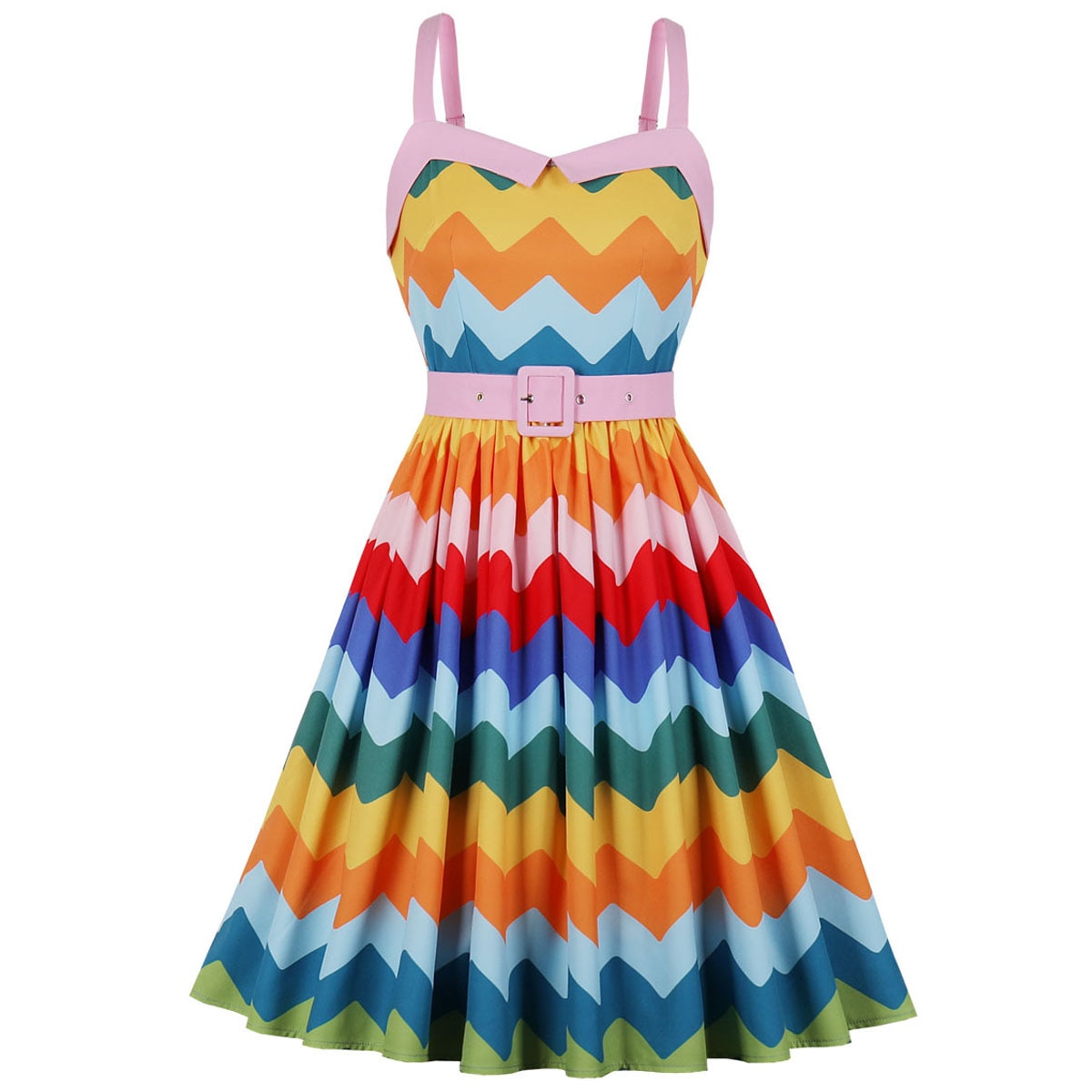 Rainbow Floral Print Women Spaghetti Strap Dress Summer Vacation Casual Vintage Swing A Line Rockabilly Tunic Dresses 50s 60s