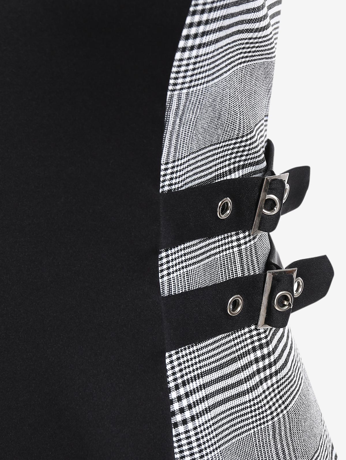 Women Vintage Dresses Plaid Buckles High Waist Sleeveless Backless Knee Length Dress Adjustable Shoulder Strap Vestidos