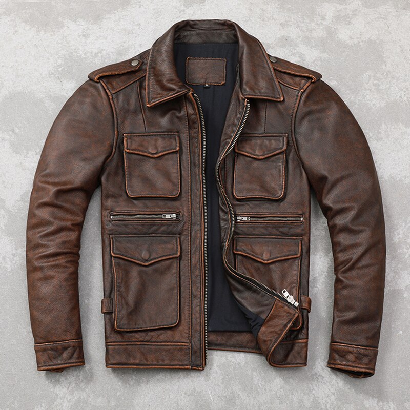 New Leather Jacket Men Vintage Cowhide Slim Fit Multi-pockets First Layer Cow Military Hunting Leather Jackets Coats